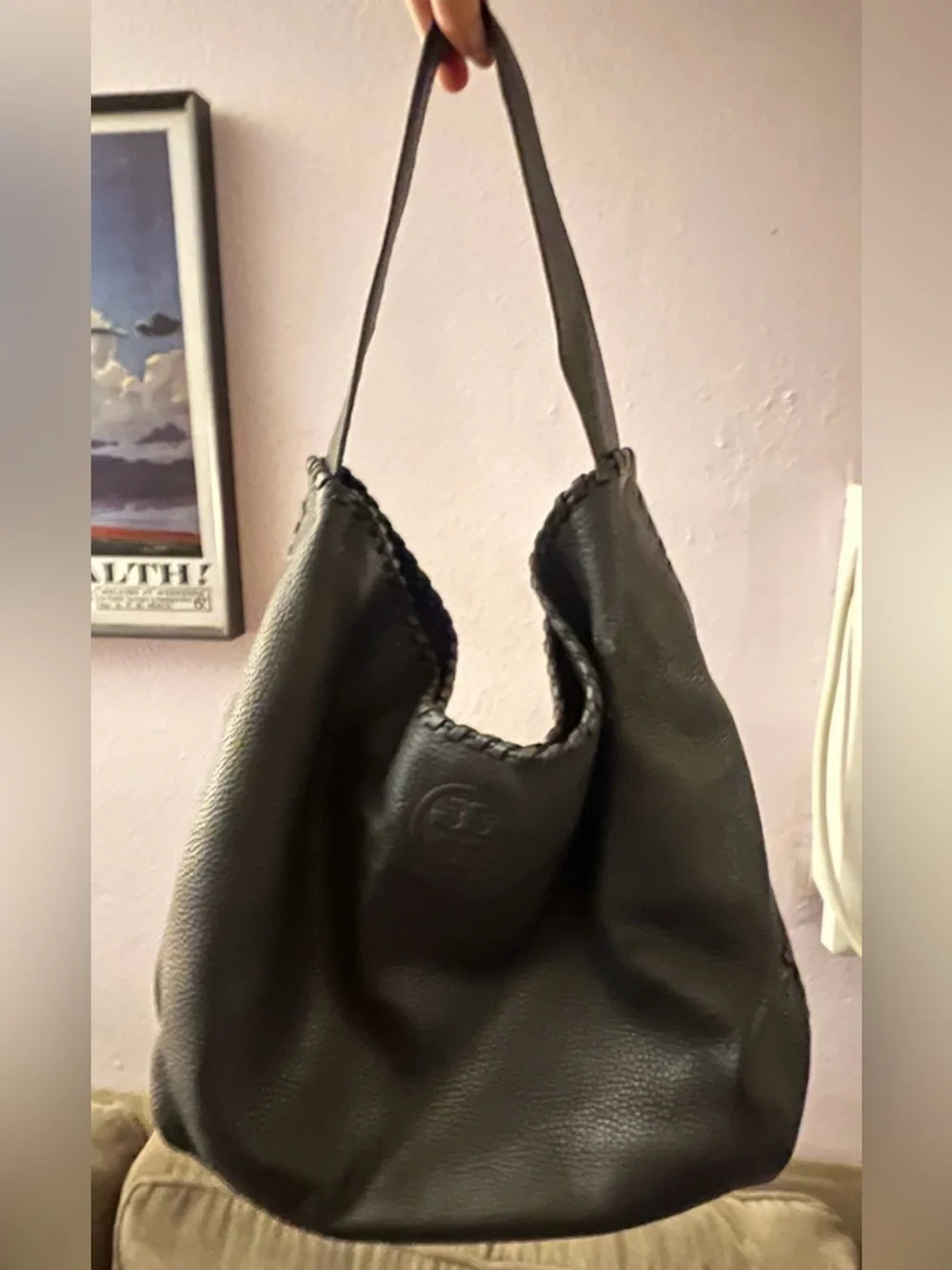 TORY BURCH Marion Whipstitch Hobo Bag Black Pebbled Leather w/ Dust Bag